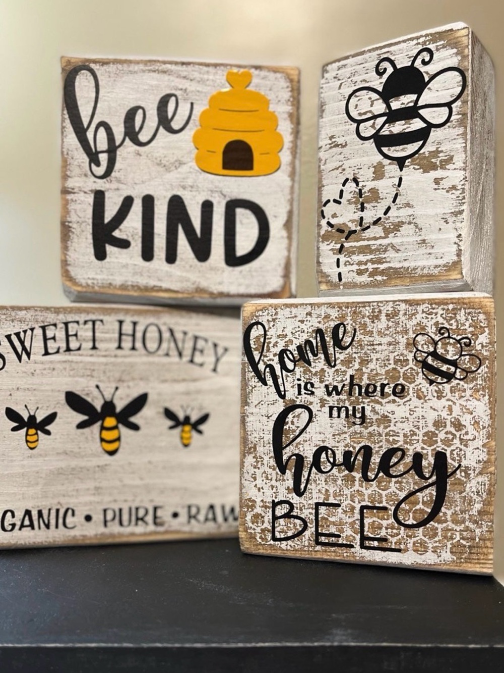 Bee-Themed Rustic tiered Tray Decor Set - Yellow & Black